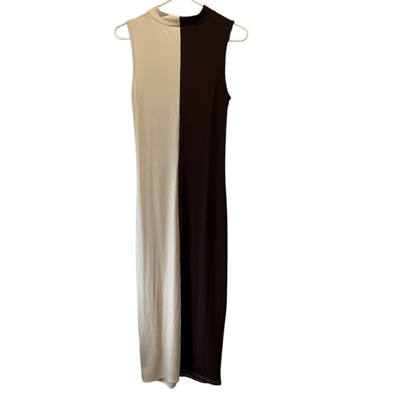 SHEIN Brown and Cream Mock Neck Sleeveless Midi Dress - Picture 4 of 4